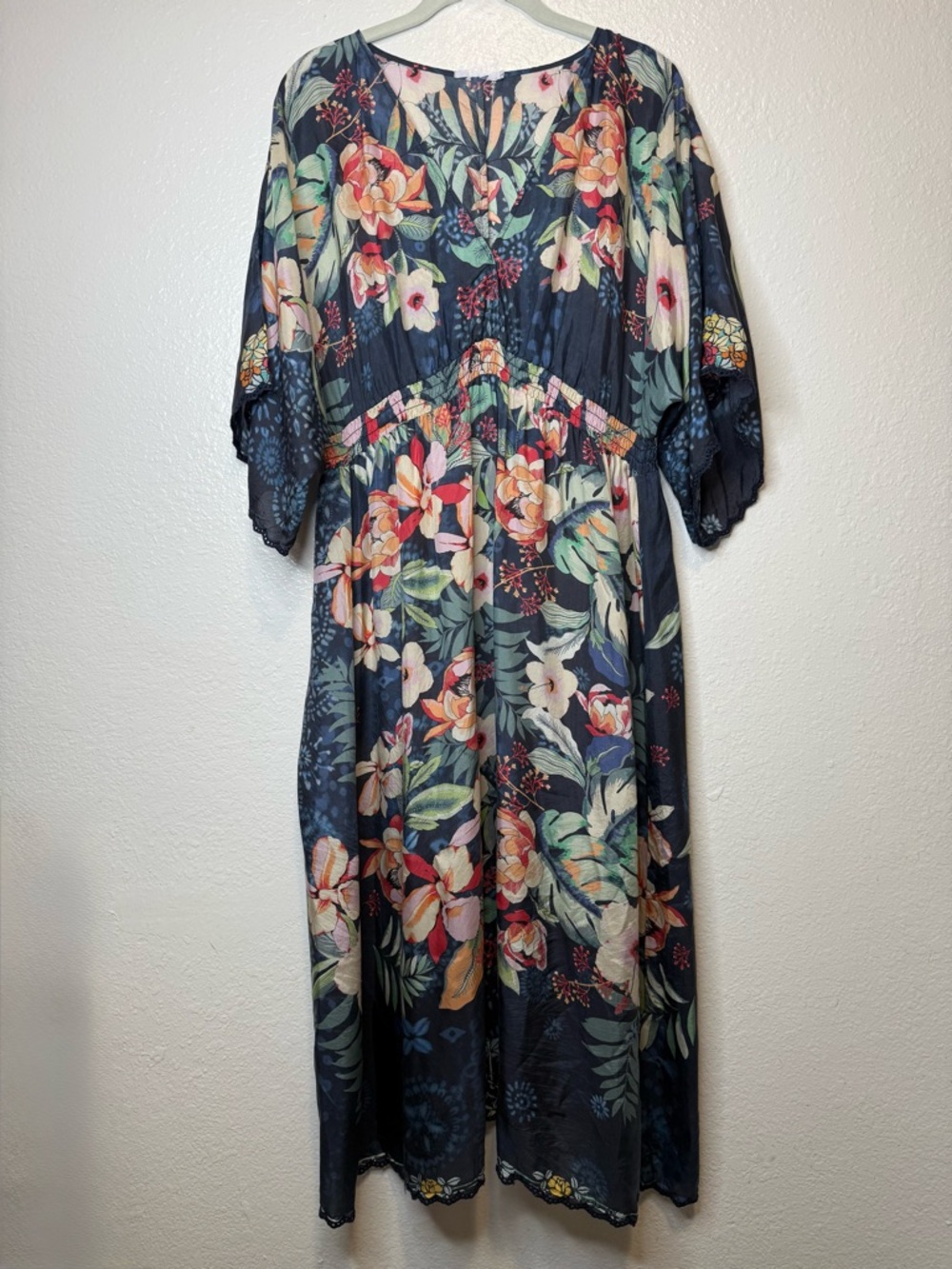 Johnny Was Annia Silk Floral Midi Dress Kimono Sleeves Size Large